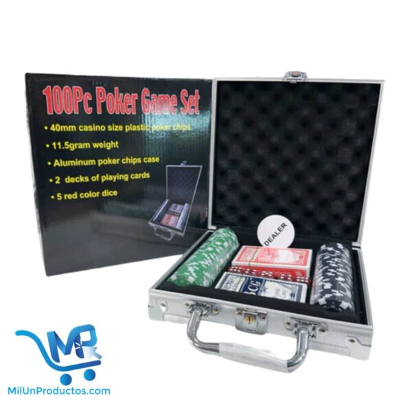 Set Fichas Póker 100pc Maletín Juego Casino + Dados + Cartas